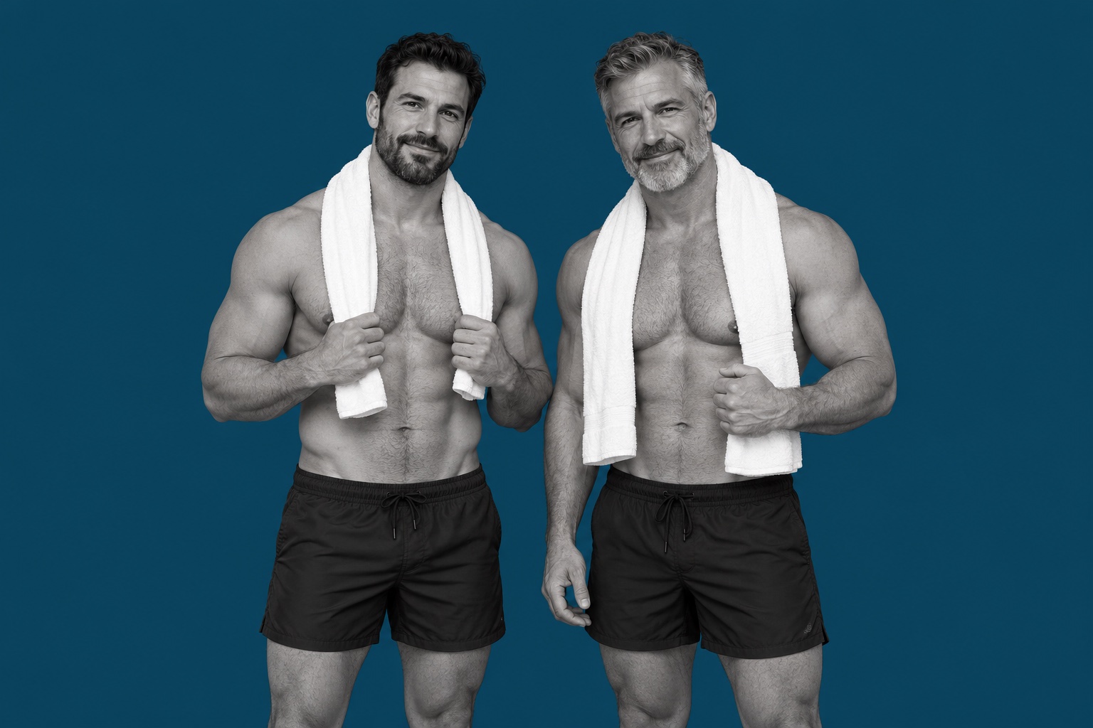 Illustrative portrait of adult men against a plain deep Acqua blue background