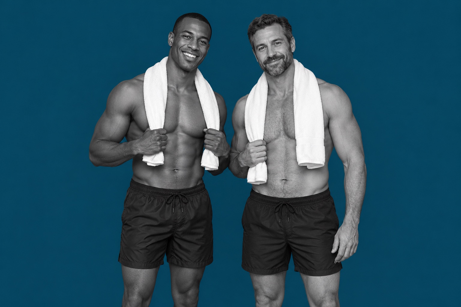 Illustrative portrait of adult men against a plain deep Acqua blue background