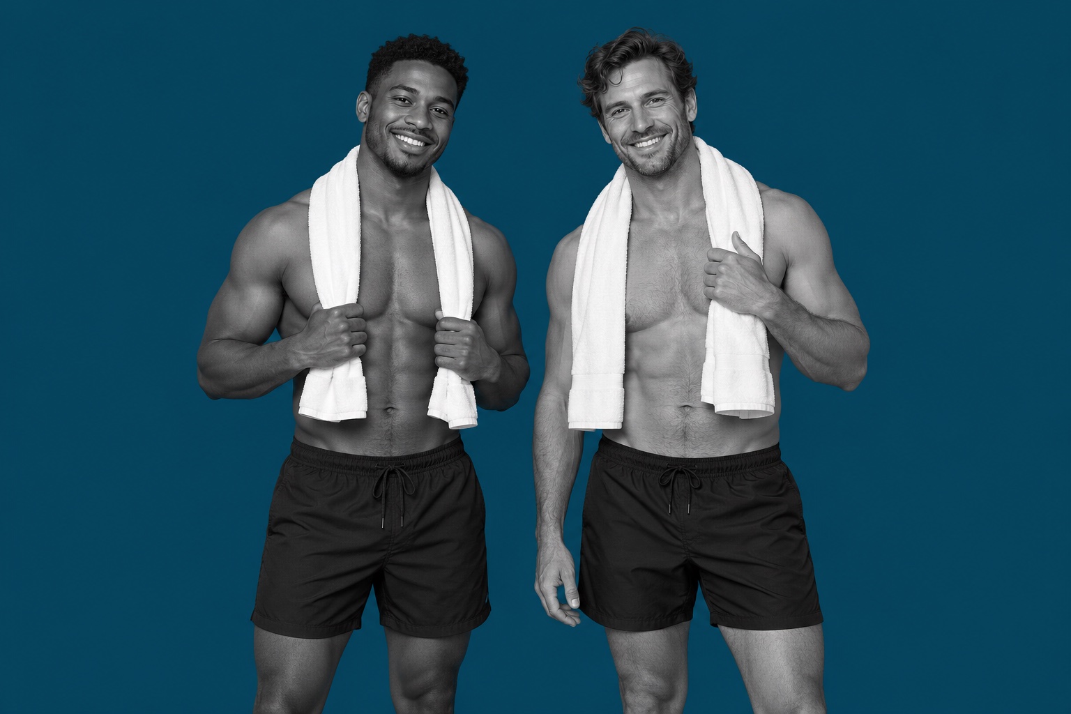 Illustrative portrait of adult men against a plain deep Acqua blue background