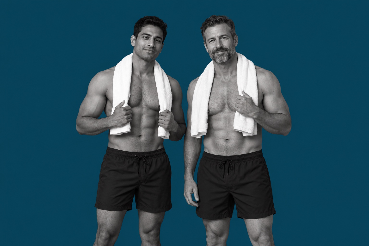 Illustrative portrait of adult men against a plain deep Acqua blue background