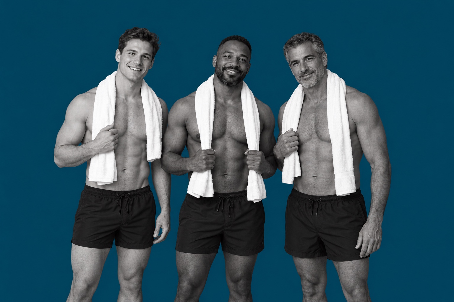 Illustrative portrait of adult men against a plain deep Acqua blue background