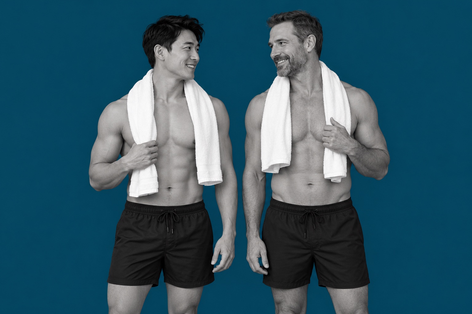 Illustrative portrait of adult men against a plain deep Acqua blue background