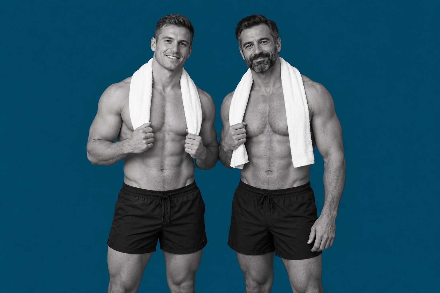 Illustrative portrait of adult men against a plain deep Acqua blue background