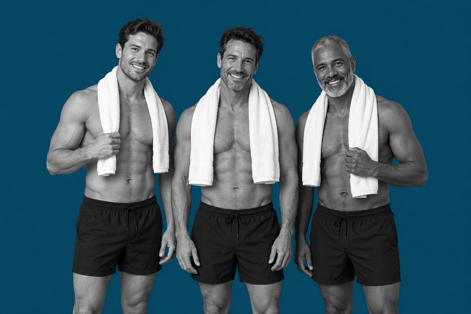 Illustrative portrait of adult men against a plain deep Acqua blue background